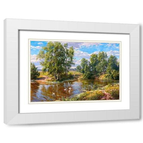 Village pond White Modern Wood Framed Art Print with Double Matting by Basov, Sergej