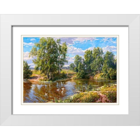Village pond White Modern Wood Framed Art Print with Double Matting by Basov, Sergej