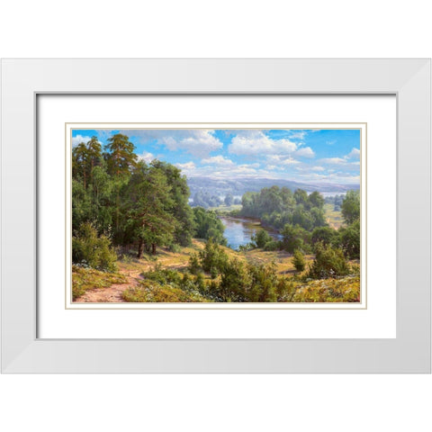 Landscape with river - 2  White Modern Wood Framed Art Print with Double Matting by Basov, Sergej