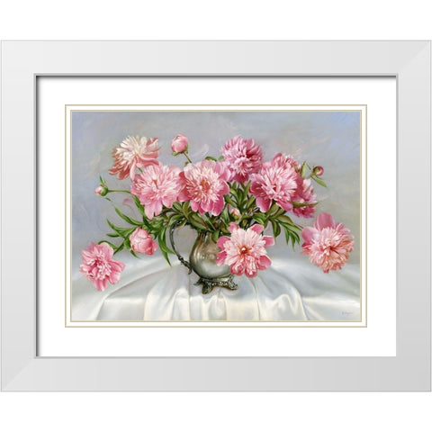 Pink peonies White Modern Wood Framed Art Print with Double Matting by Buzin, Igor