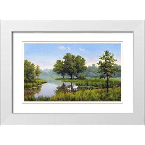 Two swans White Modern Wood Framed Art Print with Double Matting by Babichev, Vyacheslav