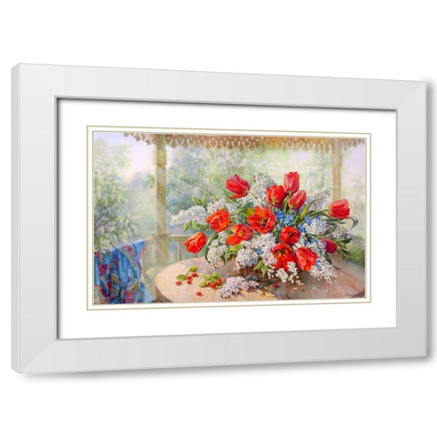 Tulips and bird-cherry White Modern Wood Framed Art Print with Double Matting by Dandorf, Olga