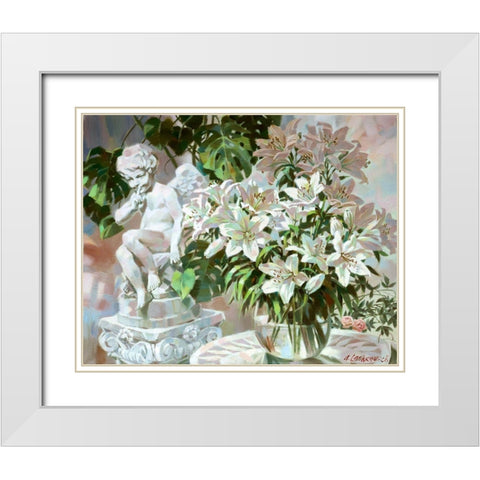 Cupid and lily White Modern Wood Framed Art Print with Double Matting by Lashkevich, Alexey