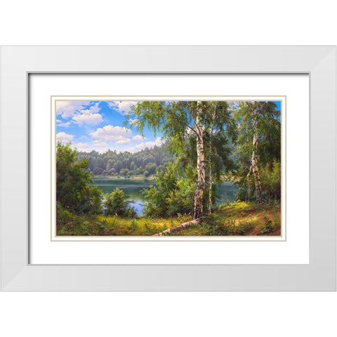 Forest lake White Modern Wood Framed Art Print with Double Matting by Prishchepa, Igor