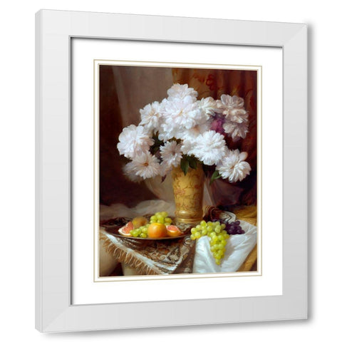 Still-life with a peonies White Modern Wood Framed Art Print with Double Matting by Sevryukov, Dmitry