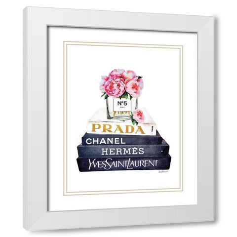 Book Stack Pink Peony White Modern Wood Framed Art Print with Double Matting by Greenwood, Amanda