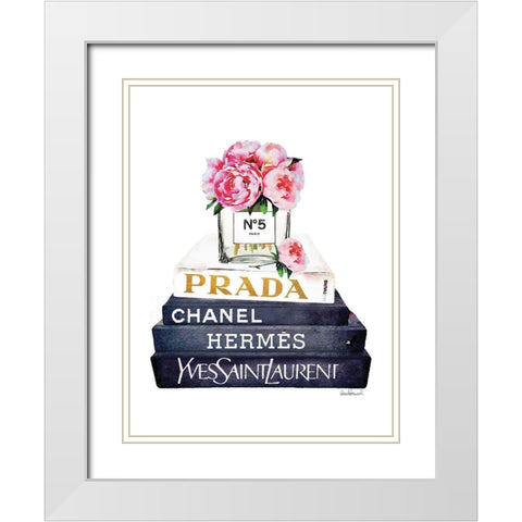 Book Stack Pink Peony White Modern Wood Framed Art Print with Double Matting by Greenwood, Amanda