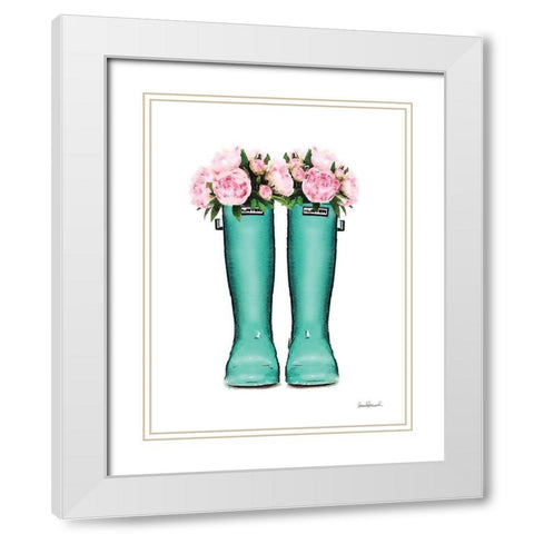 Teal Rain Boots with Peony White Modern Wood Framed Art Print with Double Matting by Greenwood, Amanda