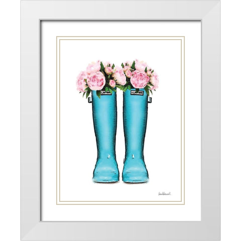 Blue Rain Boots with Peony White Modern Wood Framed Art Print with Double Matting by Greenwood, Amanda