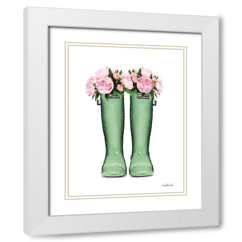 Green Rain Boots with Peony White Modern Wood Framed Art Print with Double Matting by Greenwood, Amanda