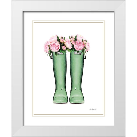Green Rain Boots with Peony White Modern Wood Framed Art Print with Double Matting by Greenwood, Amanda