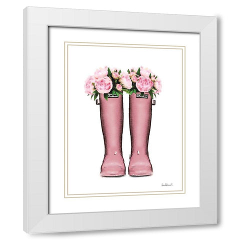 Pink Rain Boots with Peony White Modern Wood Framed Art Print with Double Matting by Greenwood, Amanda