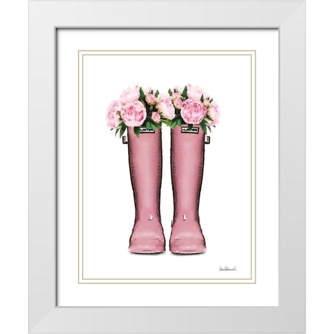 Pink Rain Boots with Peony White Modern Wood Framed Art Print with Double Matting by Greenwood, Amanda