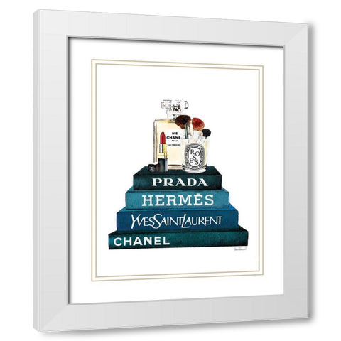 Teal Book Stack Makeup White Modern Wood Framed Art Print with Double Matting by Greenwood, Amanda