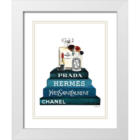 Teal Book Stack Makeup White Modern Wood Framed Art Print with Double Matting by Greenwood, Amanda