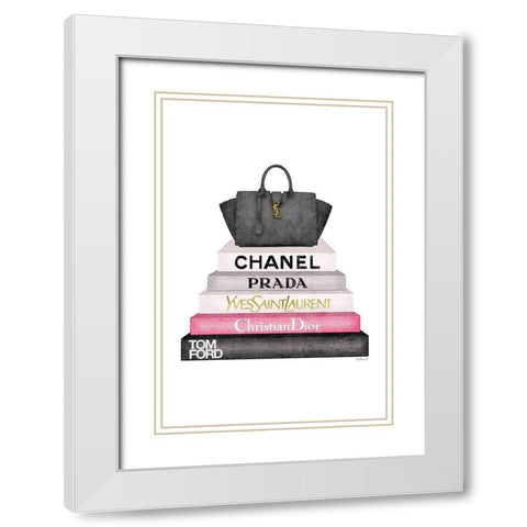Pink Bookstack with bag White Modern Wood Framed Art Print with Double Matting by Greenwood, Amanda
