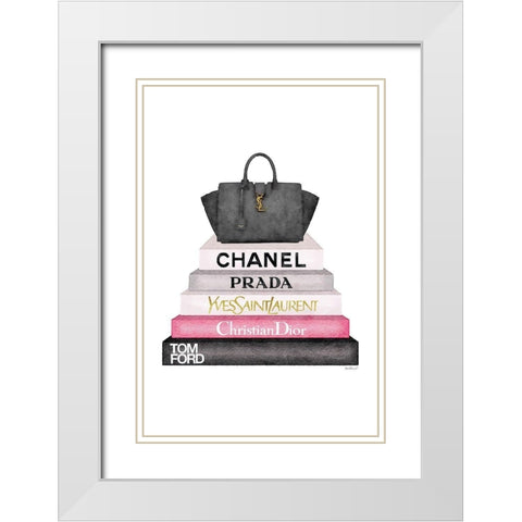 Pink Bookstack with bag White Modern Wood Framed Art Print with Double Matting by Greenwood, Amanda