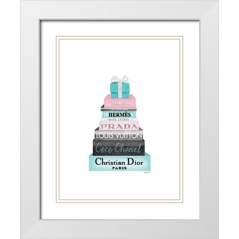 Teal Present Bookstack White Modern Wood Framed Art Print with Double Matting by Greenwood, Amanda