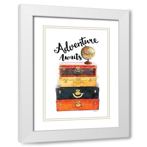 Adventure Awaits Luggage White Modern Wood Framed Art Print with Double Matting by Greenwood, Amanda