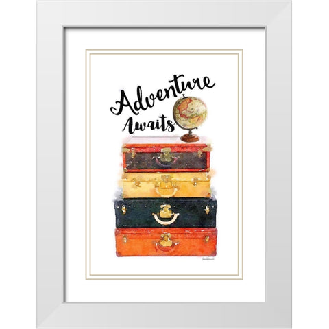 Adventure Awaits Luggage White Modern Wood Framed Art Print with Double Matting by Greenwood, Amanda