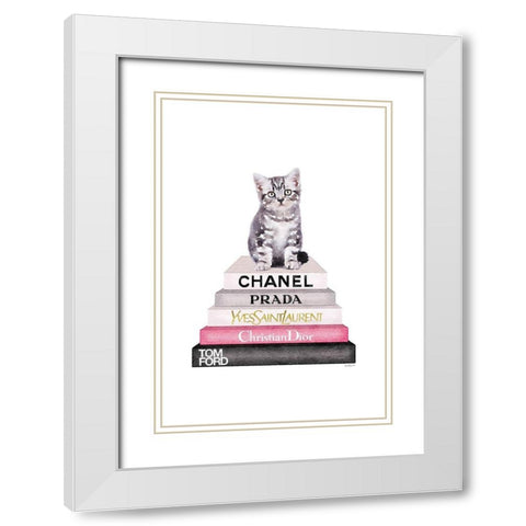 Kitten Bookstack White Modern Wood Framed Art Print with Double Matting by Greenwood, Amanda