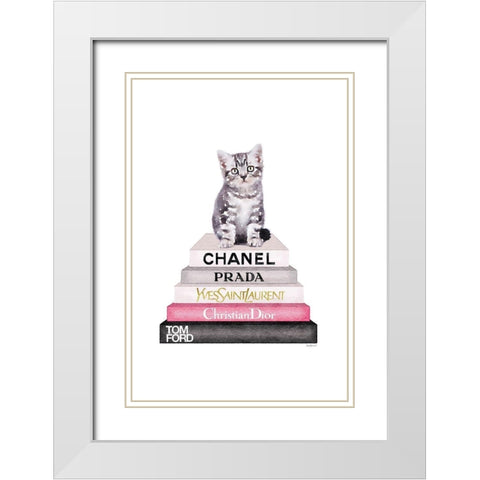 Kitten Bookstack White Modern Wood Framed Art Print with Double Matting by Greenwood, Amanda