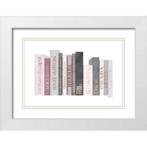 Pink and Rose Gold Books White Modern Wood Framed Art Print with Double Matting by Greenwood, Amanda