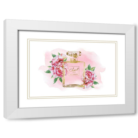 Gold Bottle with Peonies Pink White Modern Wood Framed Art Print with Double Matting by Greenwood, Amanda