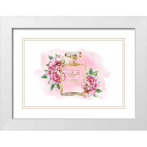 Gold Bottle with Peonies Pink White Modern Wood Framed Art Print with Double Matting by Greenwood, Amanda