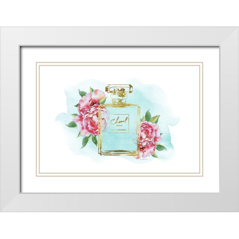 Gold Bottle with Peonies Teal White Modern Wood Framed Art Print with Double Matting by Greenwood, Amanda