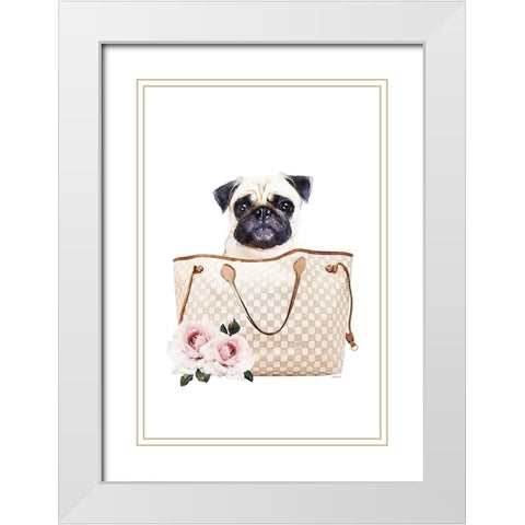 Fashion Bag with Pug White Modern Wood Framed Art Print with Double Matting by Amanda Greenwood