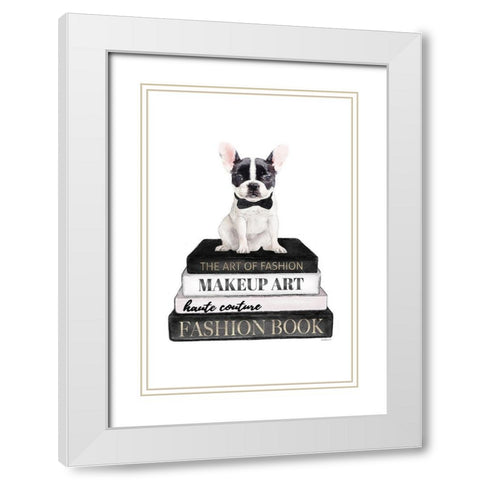 BandW Frenchie Bookstack White Modern Wood Framed Art Print with Double Matting by Amanda Greenwood