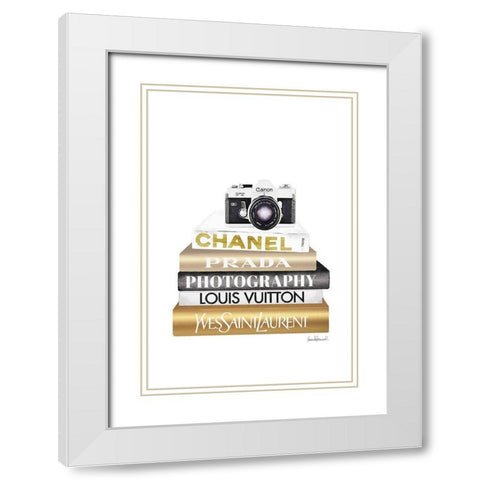 Camera Bookstack White Modern Wood Framed Art Print with Double Matting by Amanda Greenwood