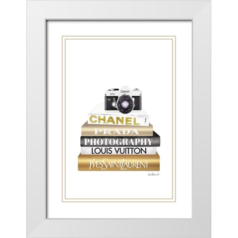 Camera Bookstack White Modern Wood Framed Art Print with Double Matting by Amanda Greenwood