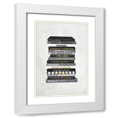 Black and White Bookstack White Modern Wood Framed Art Print with Double Matting by Amanda Greenwood