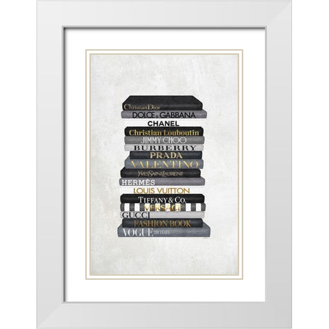 Black and White Bookstack White Modern Wood Framed Art Print with Double Matting by Amanda Greenwood