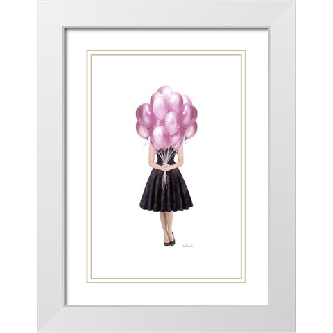 Pink Balloon Girl White Modern Wood Framed Art Print with Double Matting by Amanda Greenwood