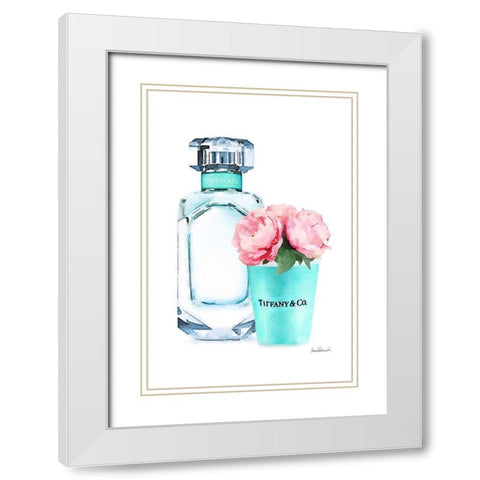 Teal Bottle with roses White Modern Wood Framed Art Print with Double Matting by Greenwood, Amanda