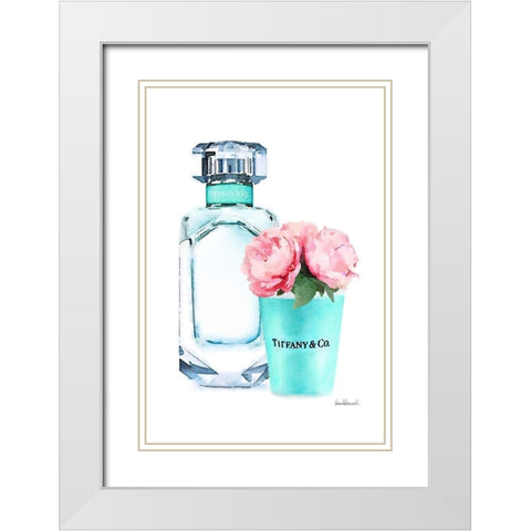 Teal Bottle with roses White Modern Wood Framed Art Print with Double Matting by Greenwood, Amanda