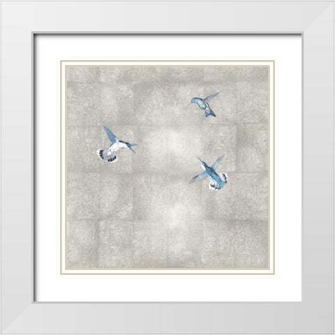 Hummingbirds Blue on Silver I White Modern Wood Framed Art Print with Double Matting by Blake, Madeline