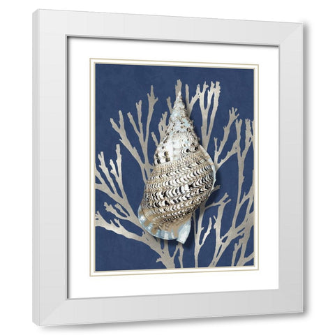 Shell Coral Silver on Blue I White Modern Wood Framed Art Print with Double Matting by Kelly, Caroline