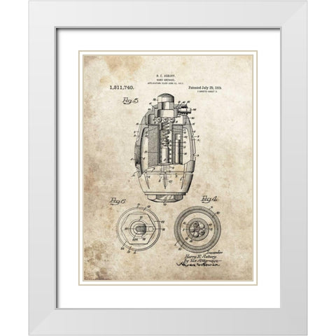 Hand Grenade - 1919 White Modern Wood Framed Art Print with Double Matting by Sproul, Dan