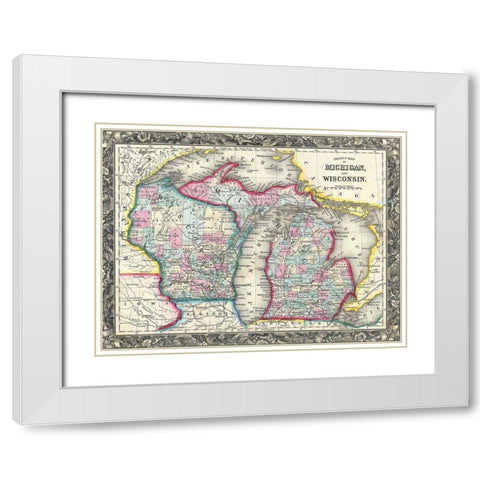 County map of Michigan and Wis White Modern Wood Framed Art Print with Double Matting by Sproul, Dan