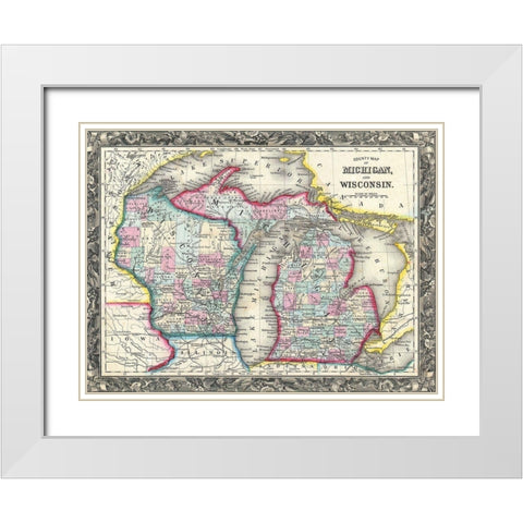 County map of Michigan and Wis White Modern Wood Framed Art Print with Double Matting by Sproul, Dan