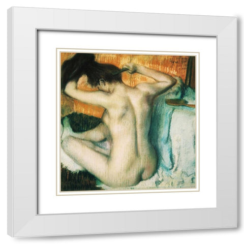 Woman Combing her Hair White Modern Wood Framed Art Print with Double Matting by Degas, Edgar