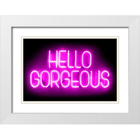 Neon Hello Gorgeous PB White Modern Wood Framed Art Print with Double Matting by Carr, Hailey