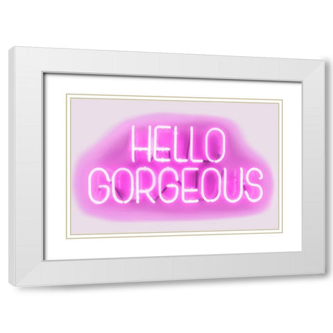 Neon Hello Gorgeous PW White Modern Wood Framed Art Print with Double Matting by Carr, Hailey