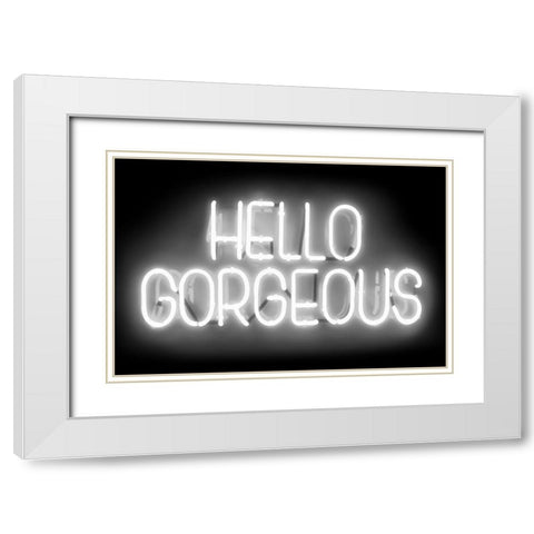 Neon Hello Gorgeous WB White Modern Wood Framed Art Print with Double Matting by Carr, Hailey