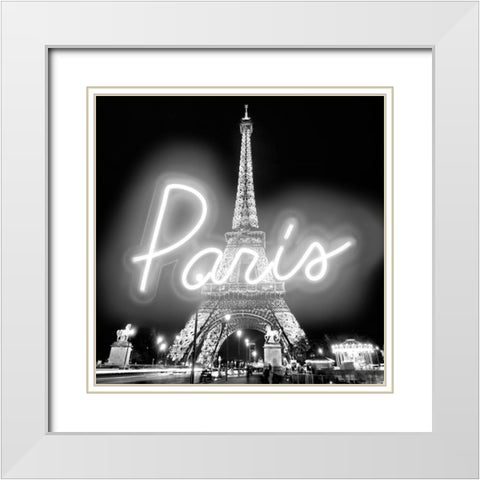 Neon Paris WB White Modern Wood Framed Art Print with Double Matting by Carr, Hailey