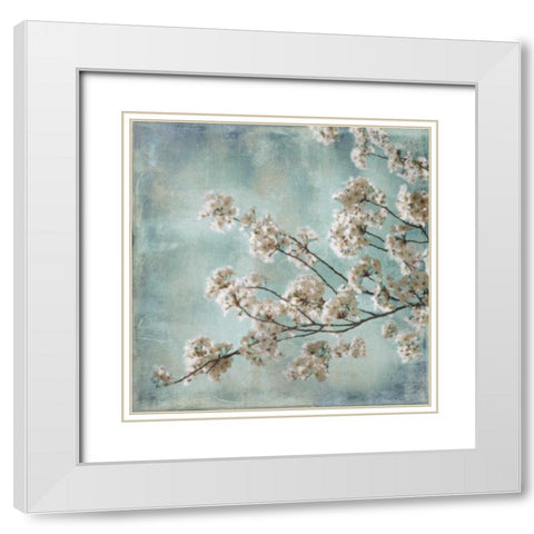 Aqua Blossoms I White Modern Wood Framed Art Print with Double Matting by Seba, John